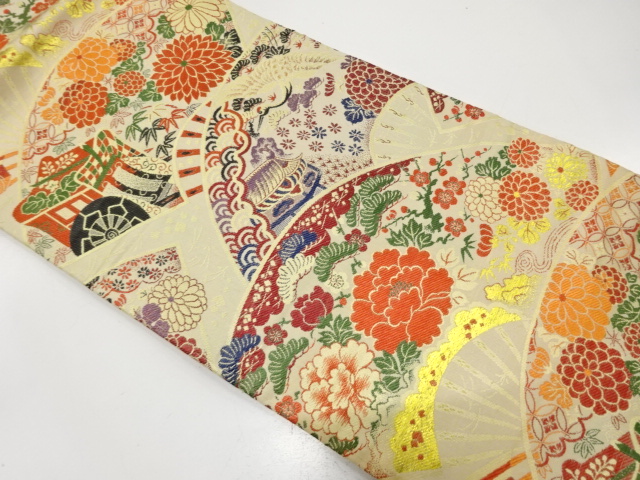 アンティーク　扇に花・鶴・御所車模様織り出し名古屋帯（材料）